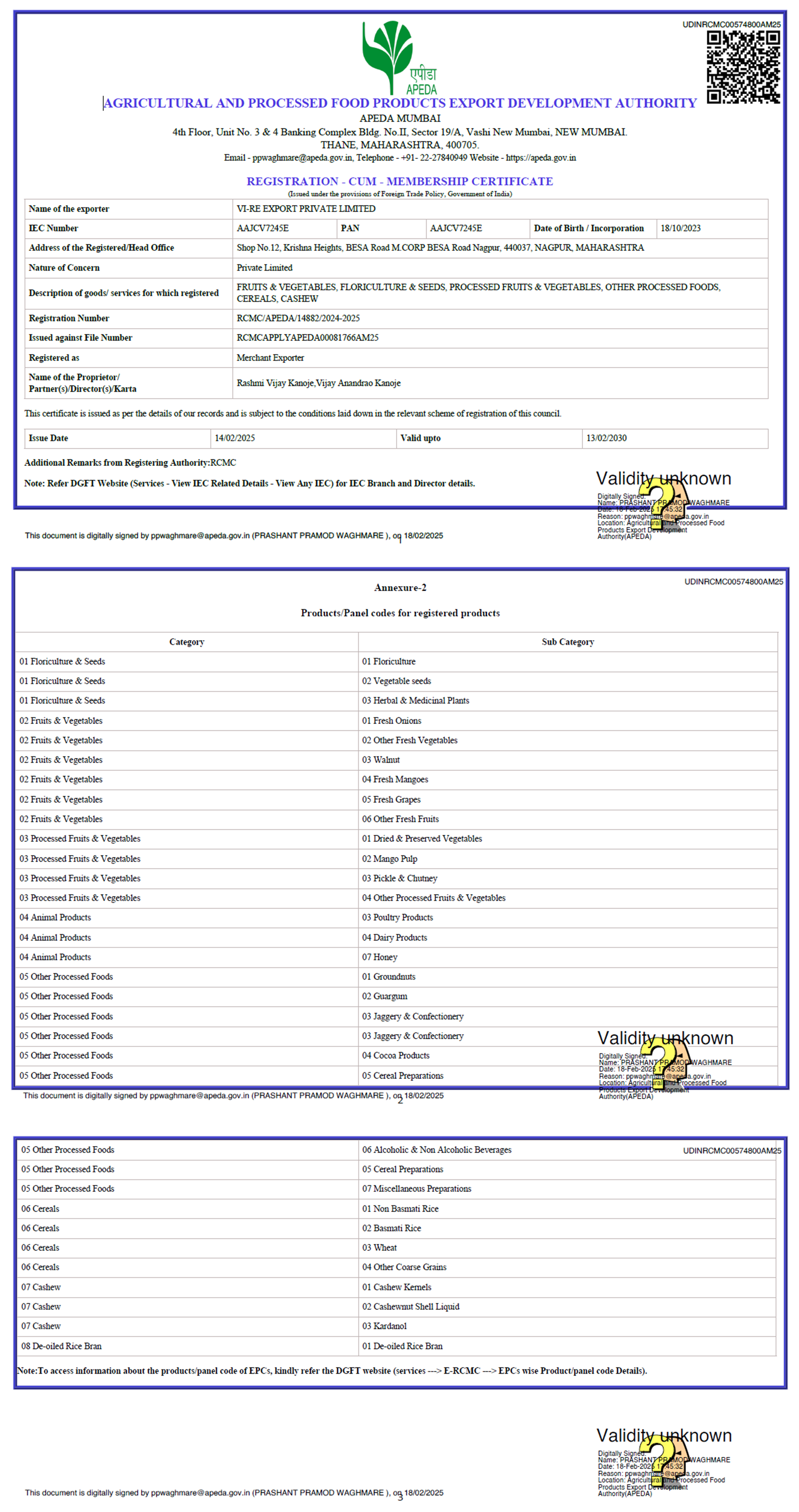 RCMC APEDA Certificate